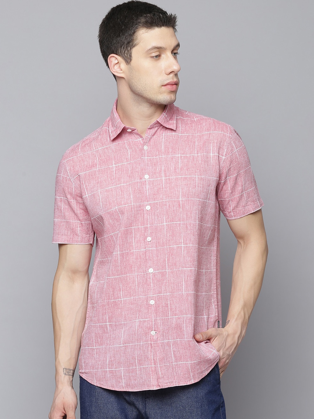 

LINDBERGH Men Pink Slim Fit Checked Casual Shirt