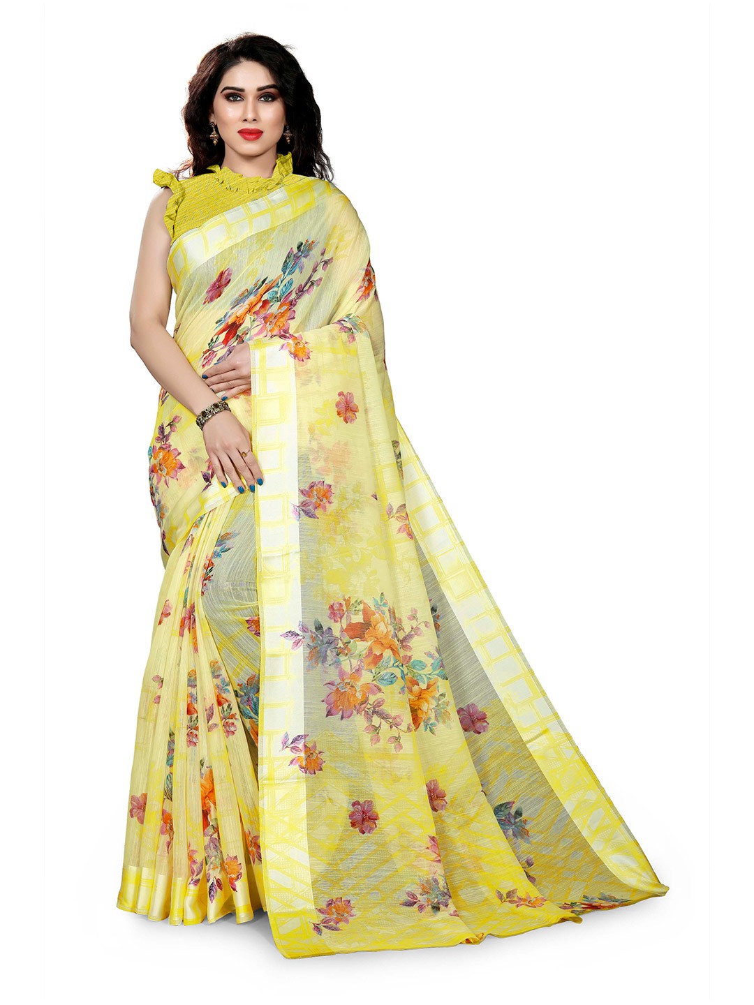 

KALINI Yellow & Blue Floral Printed Saree