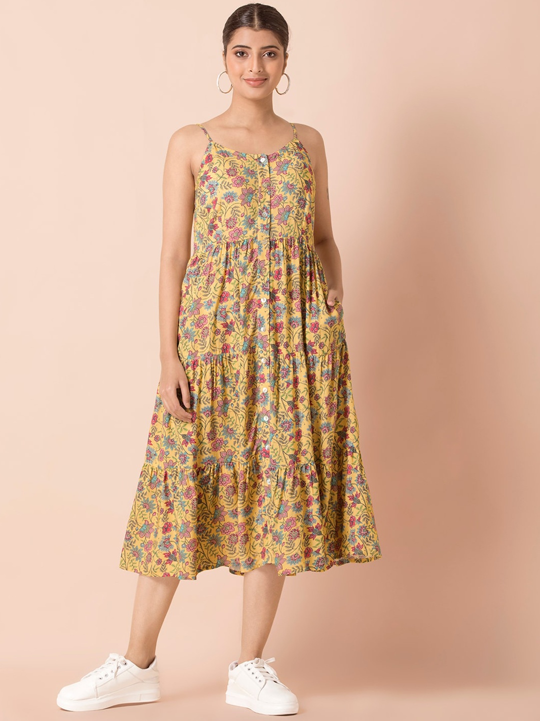 

INDYA Women Yellow Floral Printed Fit & Flare Midi Dress