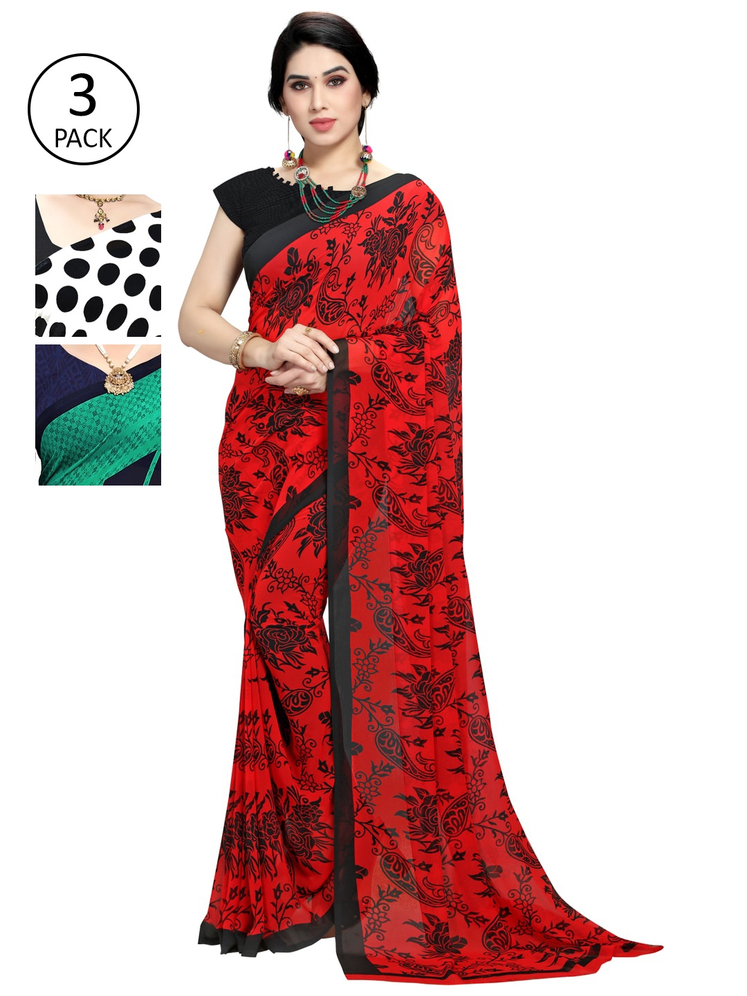 

KALINI Pack of 3 Printed Saree, Green