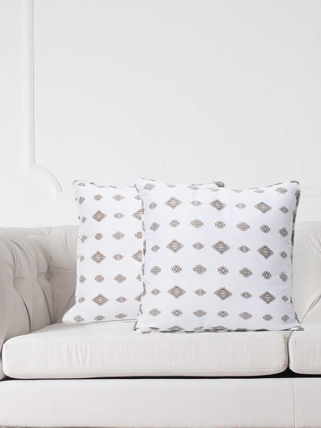 

SWAYAM White & Grey Set of 2 Ethnic Motifs Square Cushion Covers