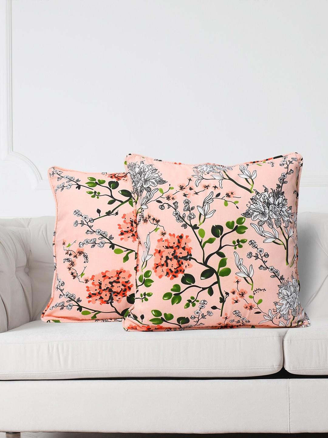 SWAYAM Pink & Green Set of 2 Floral Square Cushion Covers