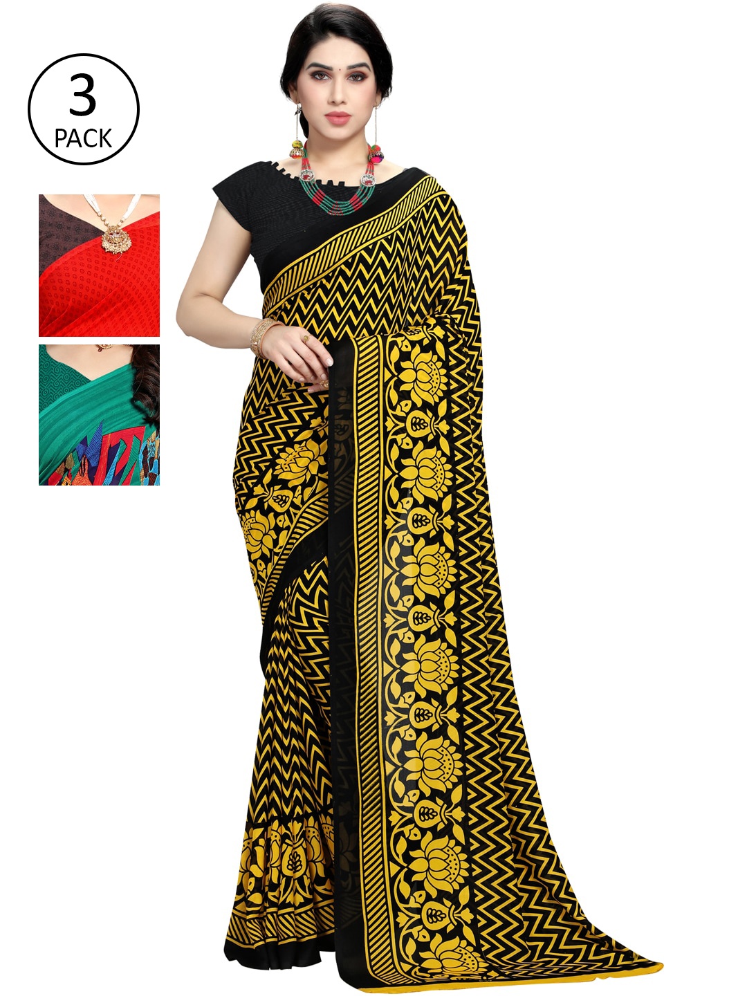

KALINI Pack Of 3 Sarees, Yellow