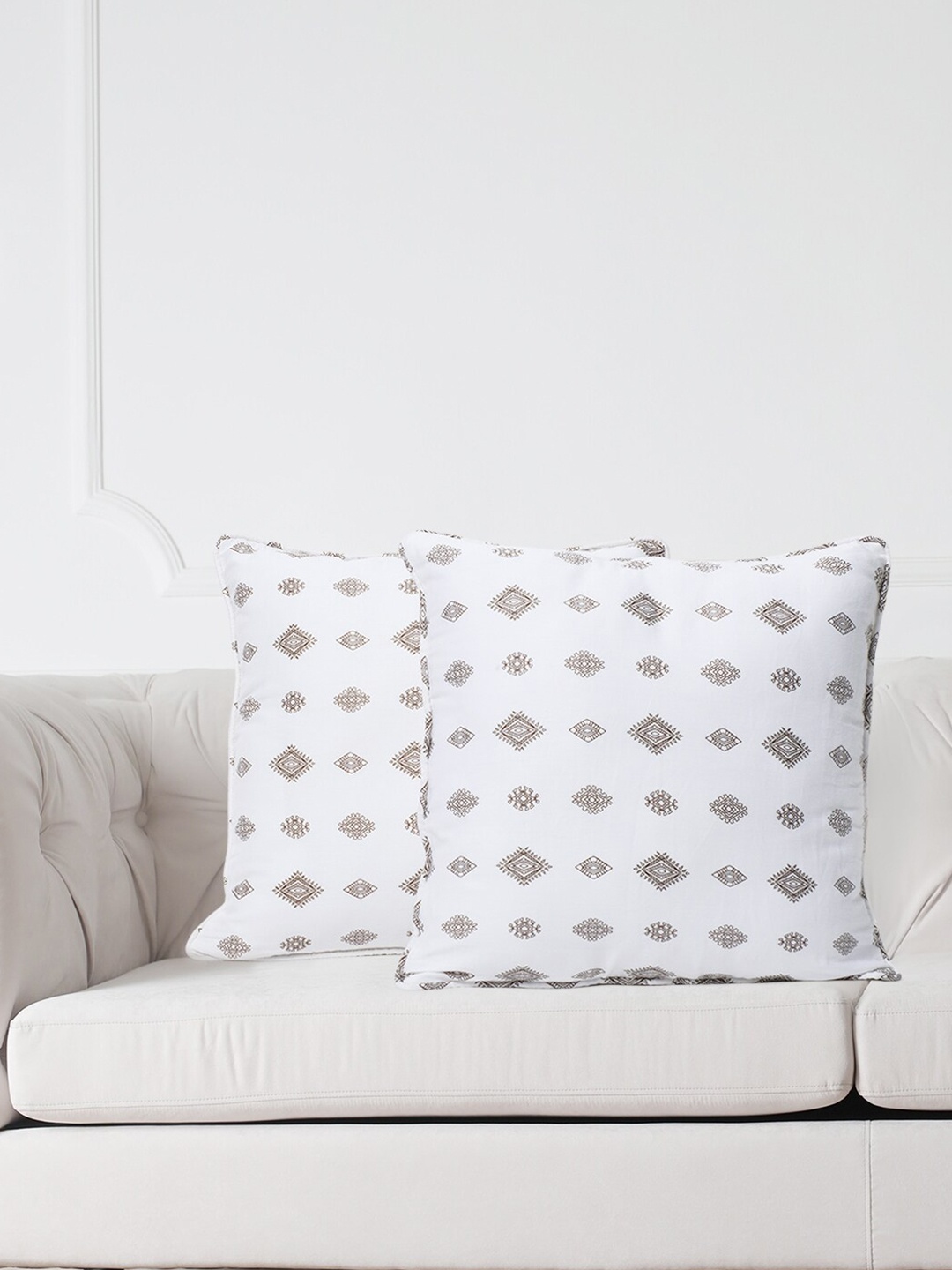 

SWAYAM White & Grey Set of 2 Ethnic Motifs Square Cushion Covers