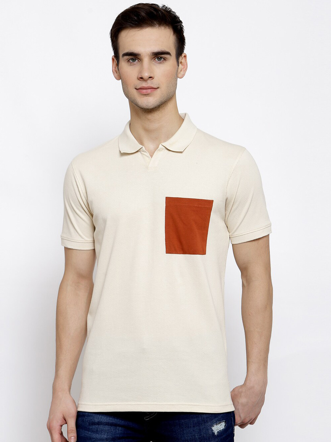 

ManQ CASUAL Men Cream-Coloured Polo Collar Slim Fit T-shirt
