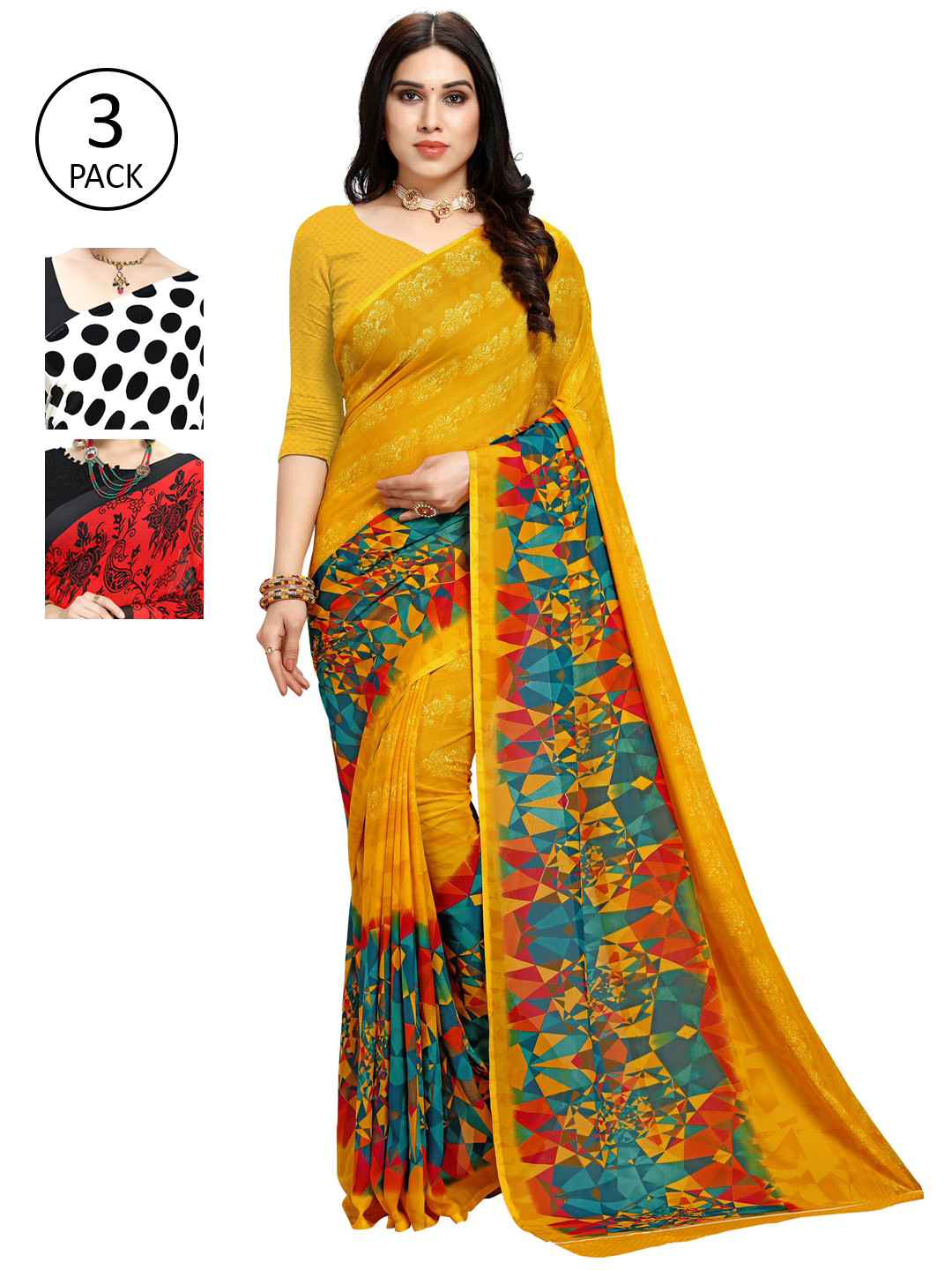 

KALINI Pack Of 3 Printed Saree, Black