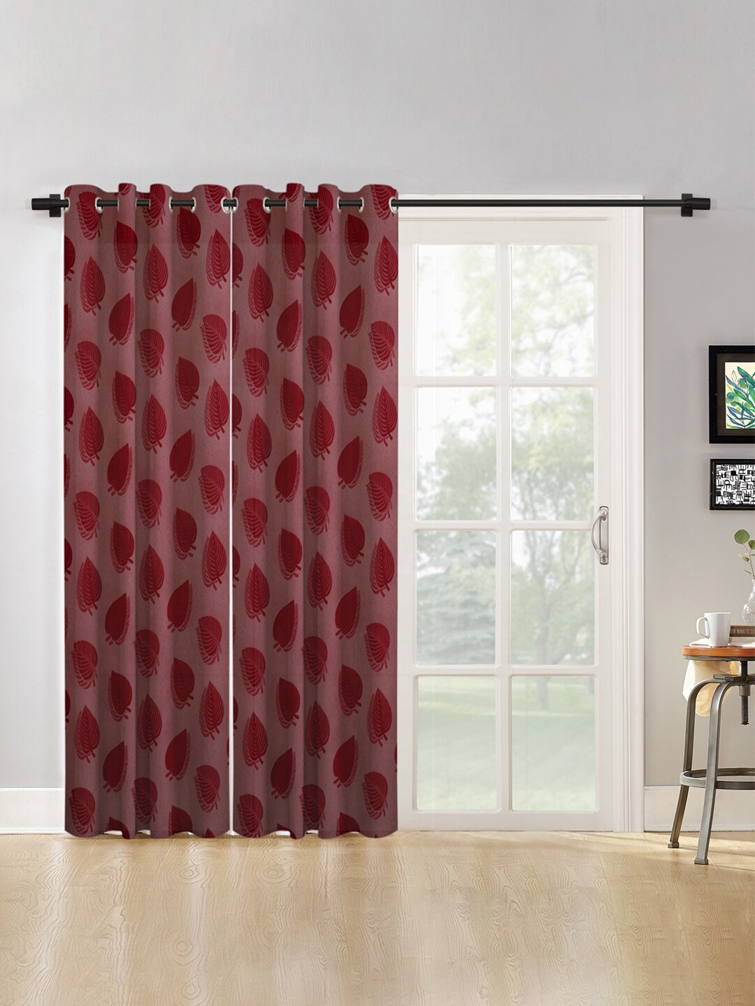 HOSTA HOMES Maroon Set of 2 Floral Long Door Curtain