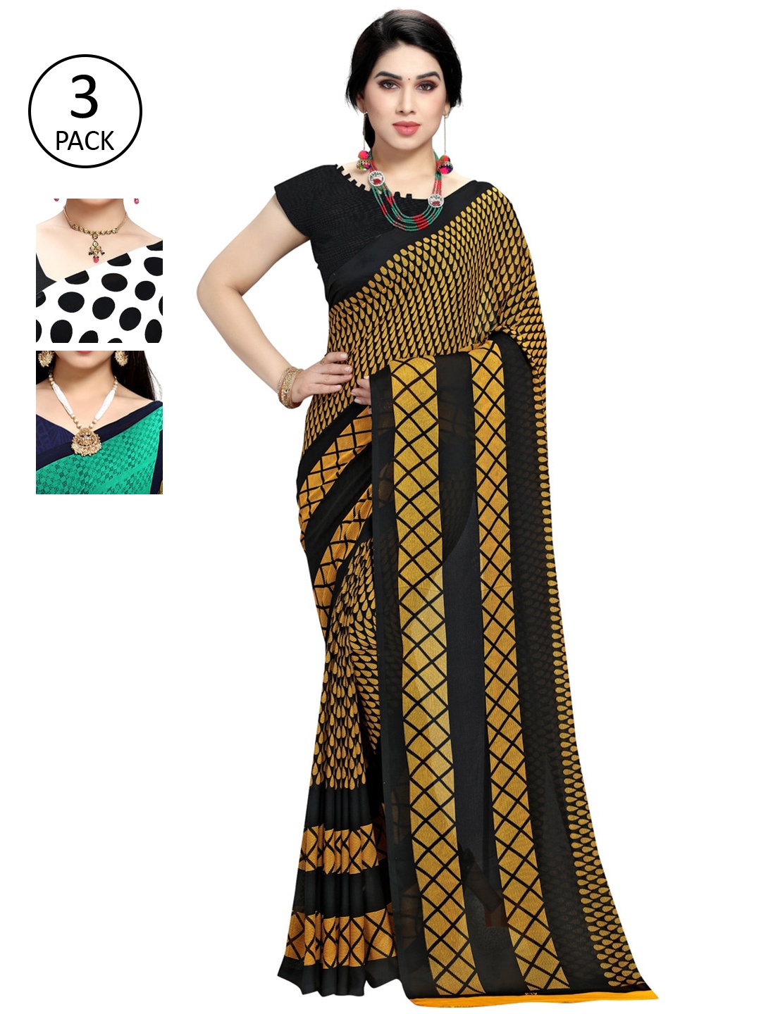 

KALINI Women Pack of 3 Printed Sarees, White