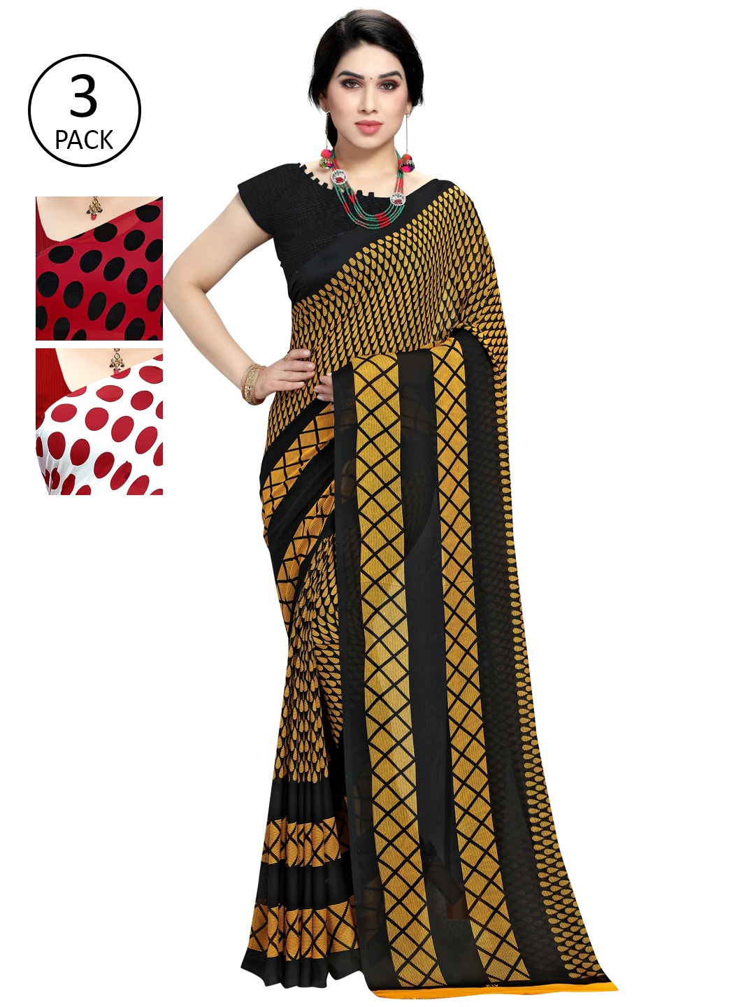 

KALINI Pack of 3 Printed Saree, Red