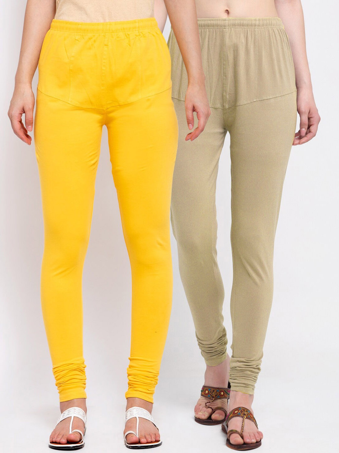 

KLOTTHE Women Pack Of 2 Solid Cotton Churidar-Length Leggings, Taupe