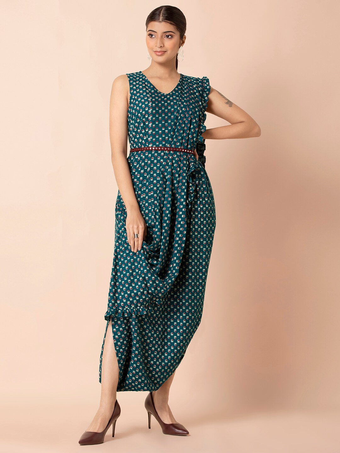 

INDYA Teal & White Printed Basic Jumpsuit with Attached Dupatta & Belt