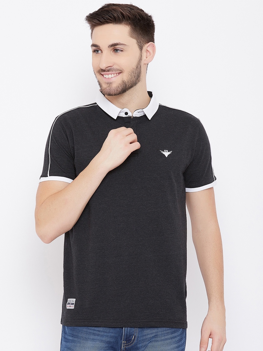 Duke Men Black & White Polo Collar Slim Fit T-shirt