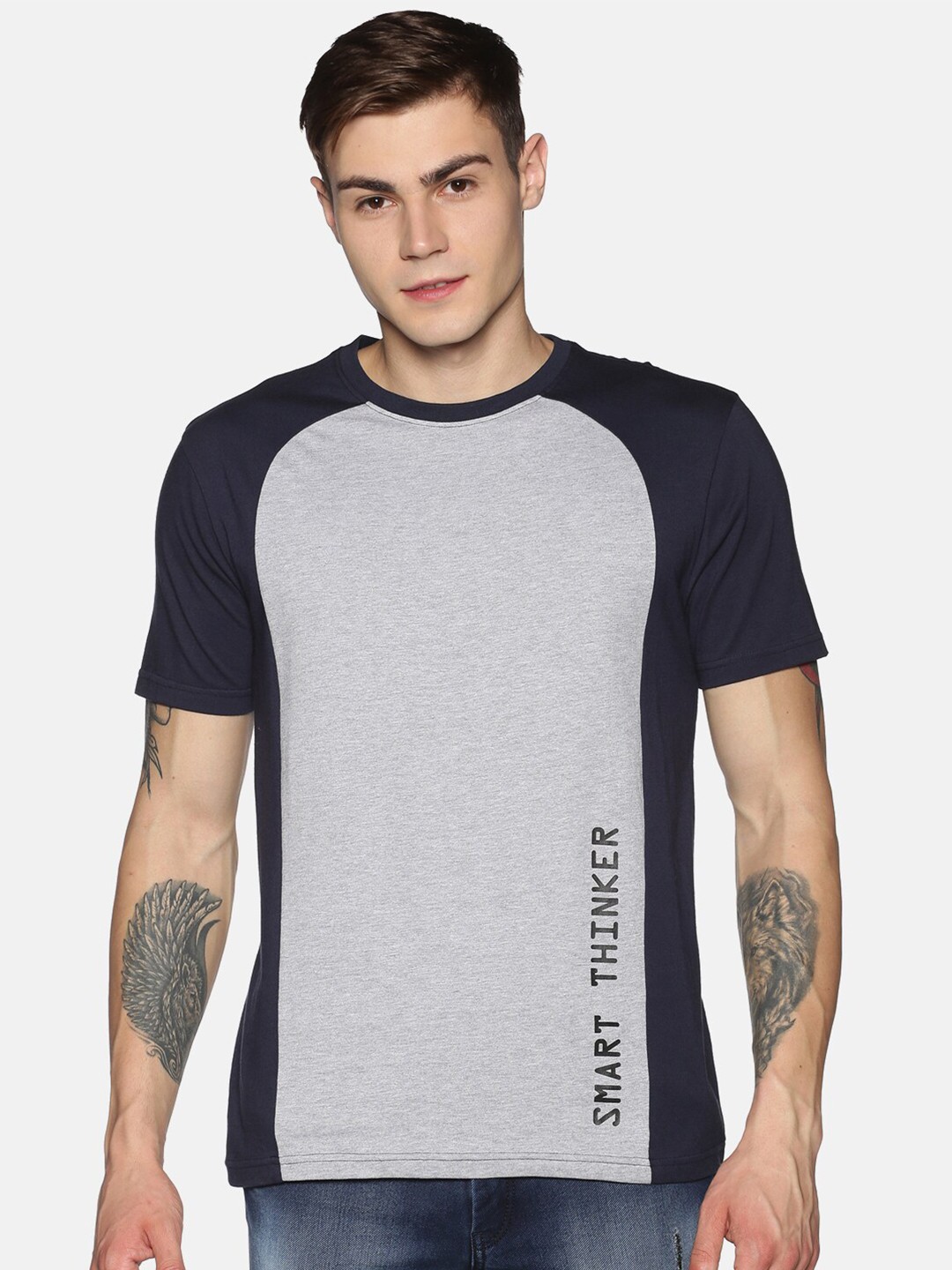 

UrGear Men Navy Blue & Grey Colourblocked T-shirt