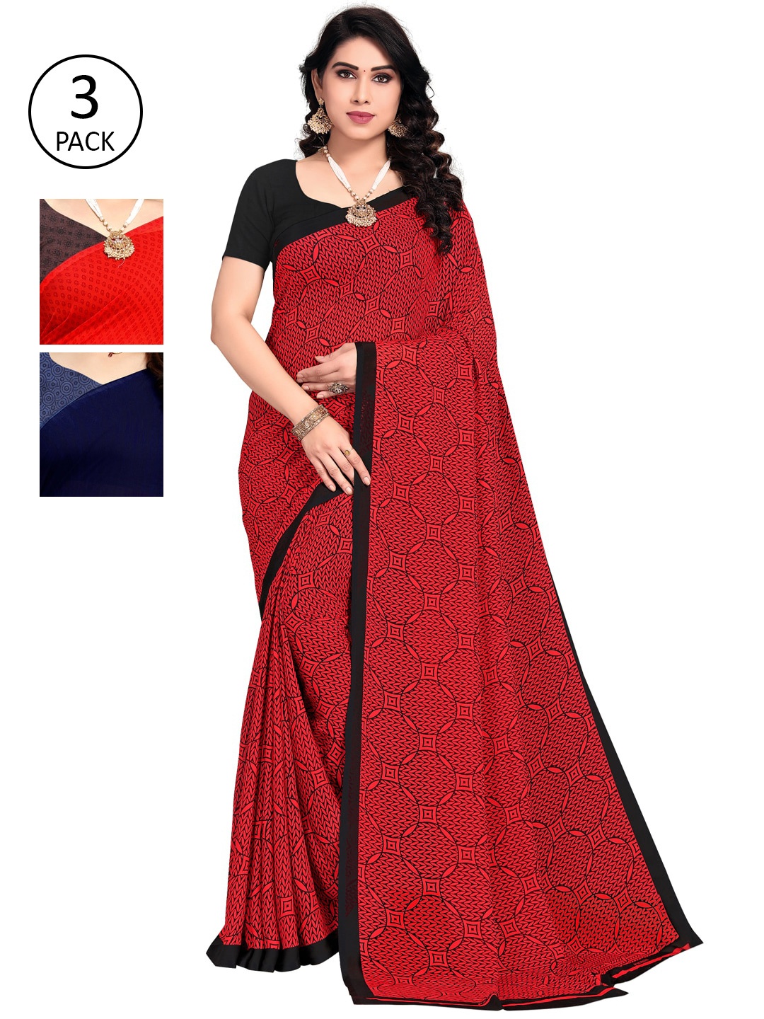 

KALINI Pack Of 3 Multicoloured Poly Georgette Sarees, Multi