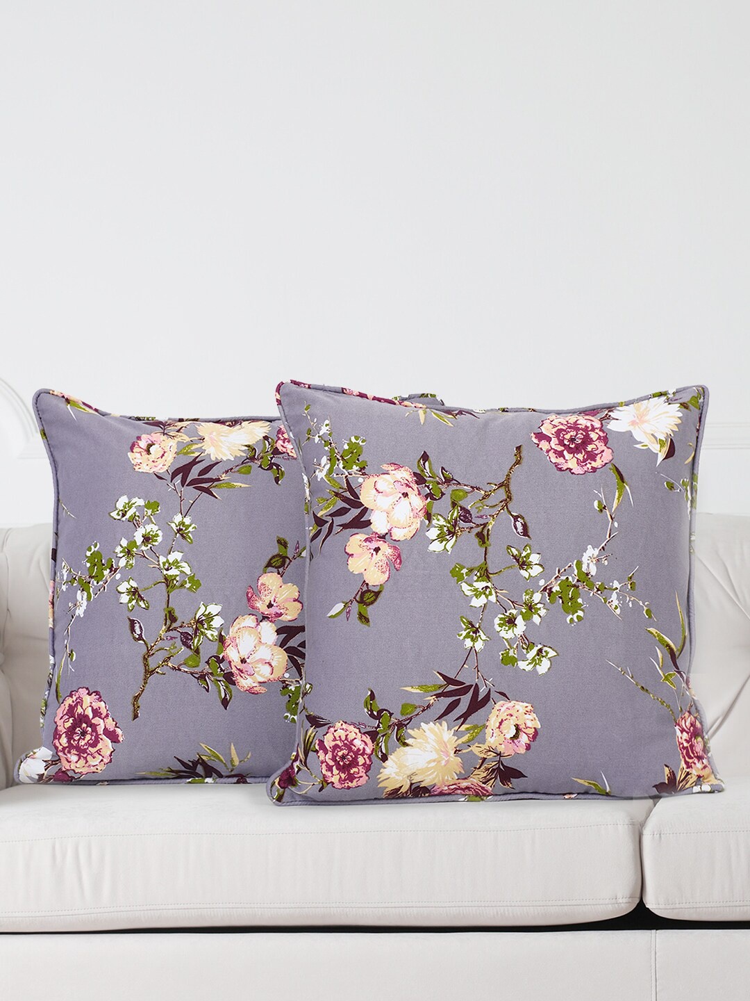 SWAYAM Grey & Pink Set of 2 Floral Square Cushion Covers