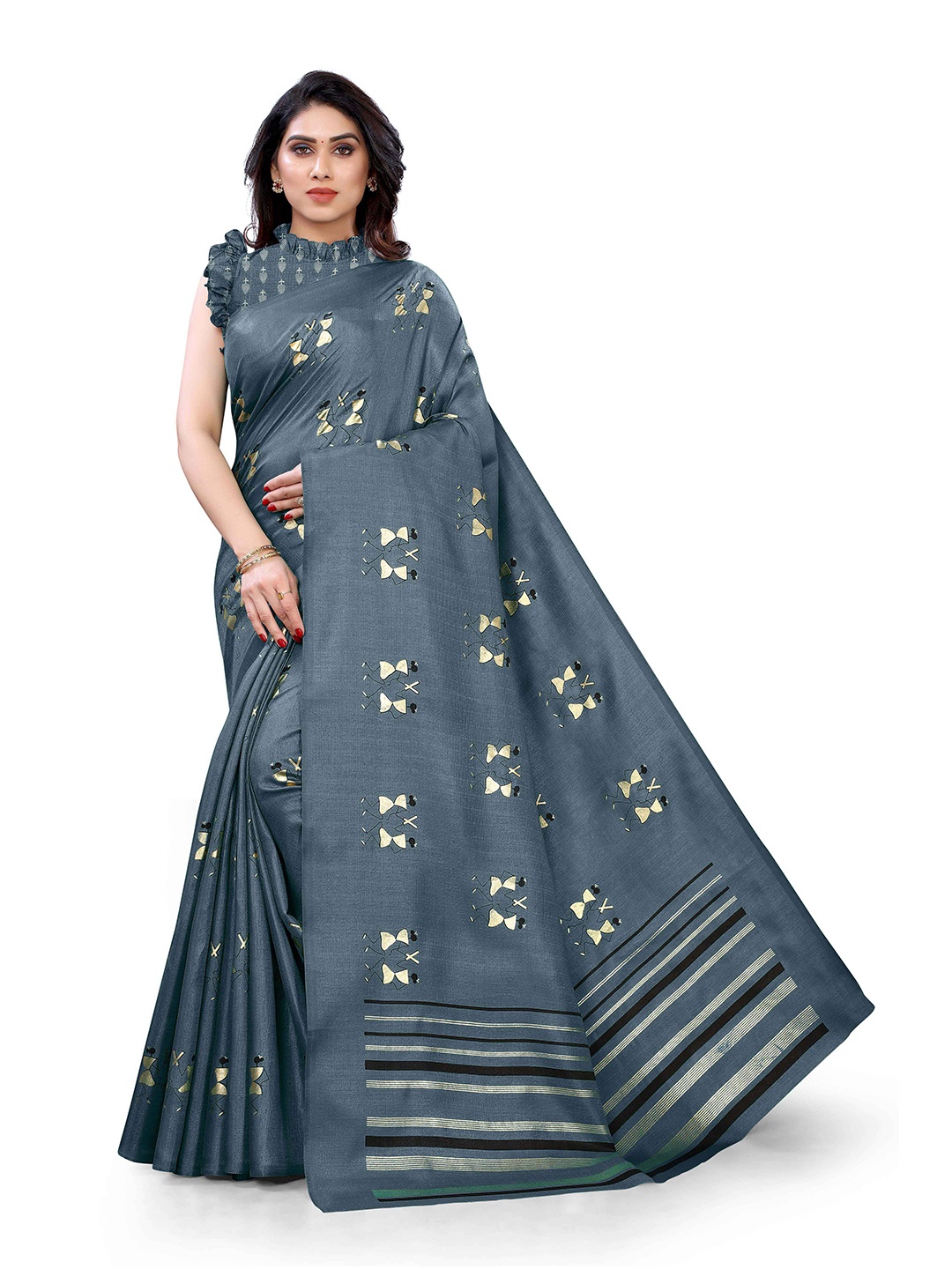 

KALINI Grey & Gold-Toned Warli Art Silk Saree