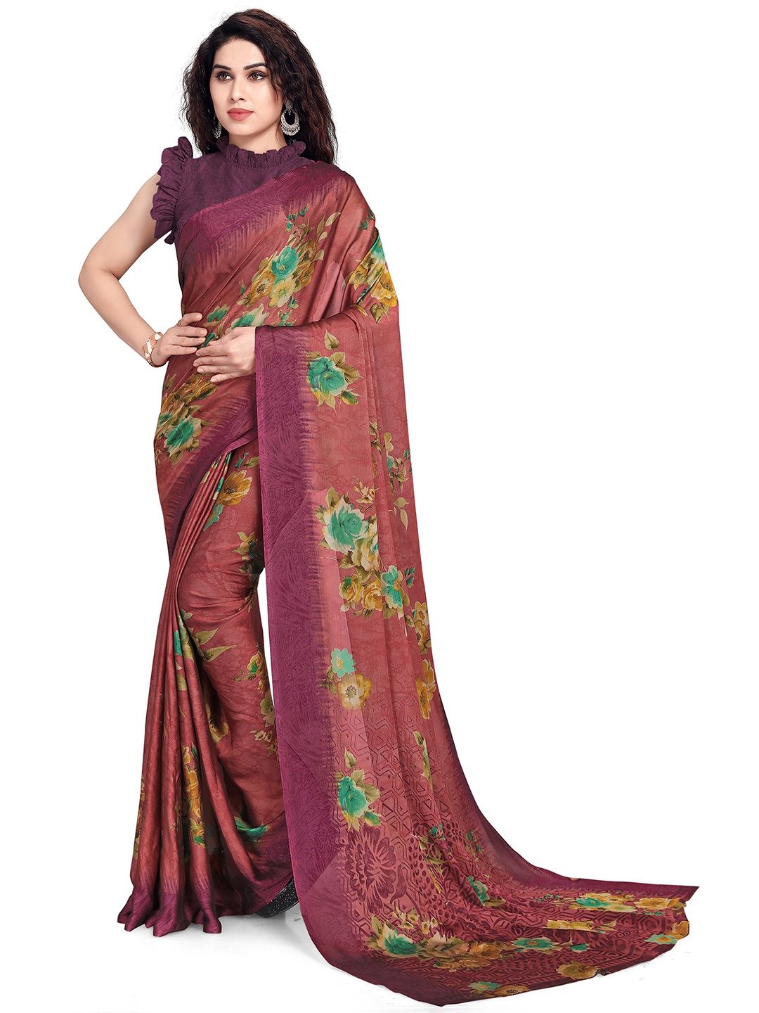 

KALINI Peach-Coloured & Pink Floral Bagh Saree