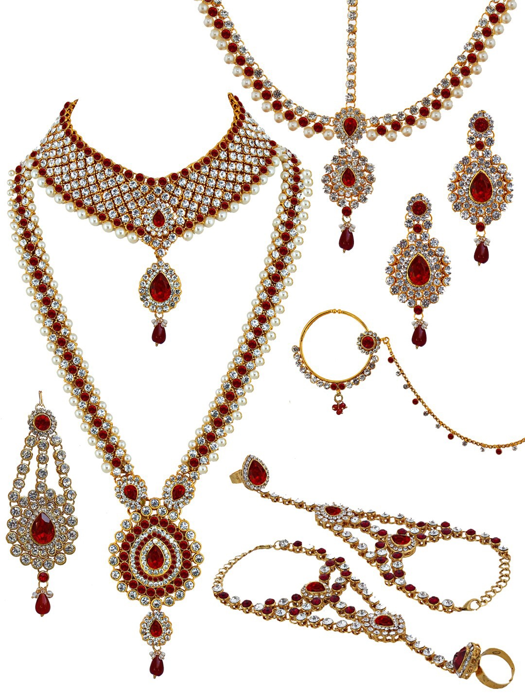 

LUCKY JEWELLERY 18K Gold-Plated Red Cubic Zirconia-Studded Handcrafted Jewellery Set