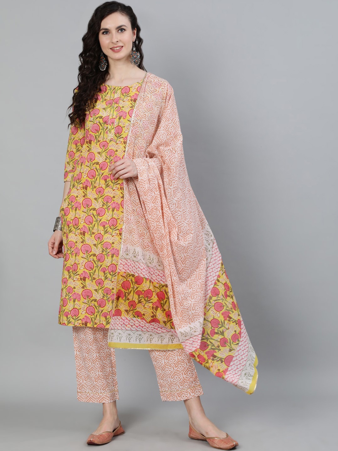 Jaipur Kurti Women Ethnic Motifs Printed Pure Cotton Kurta with Trousers & Dupatta, Yellow