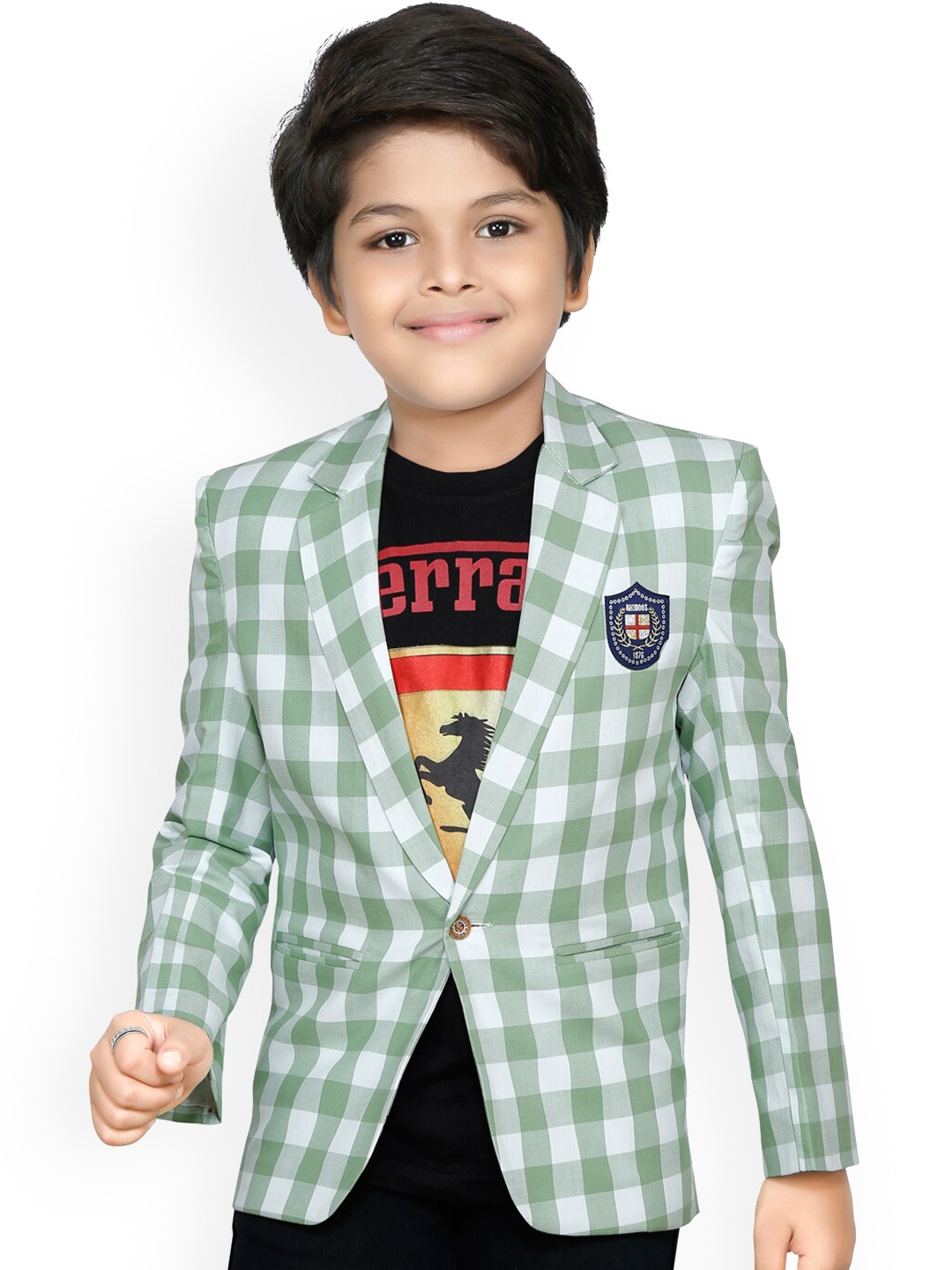 

RIKIDOOS Boys Green & White Checked Comfort-Fit Single-Breasted Blazer
