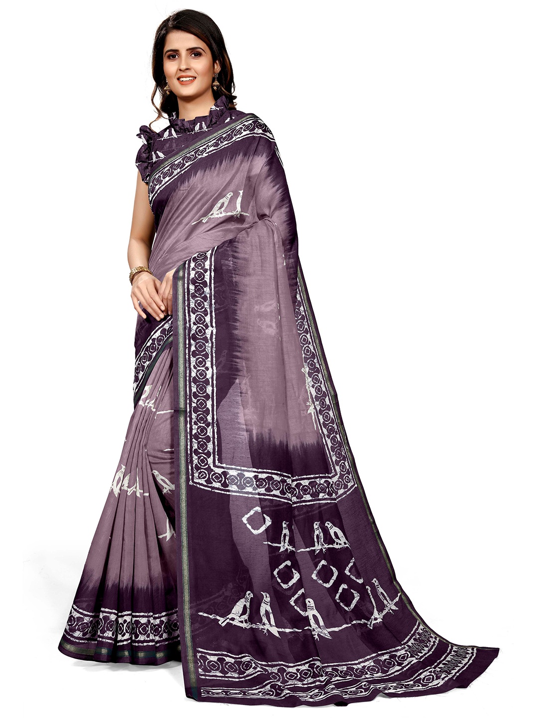 

KALINI Purple & White Batik Designer Saree