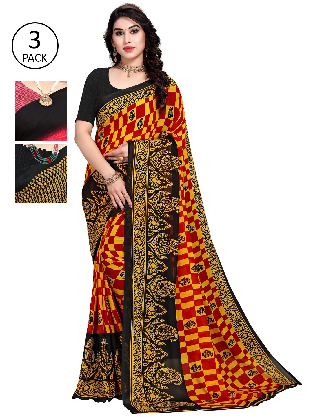 

KALINI Multicoloured Set of 3 Poly Georgette Saree, Multi