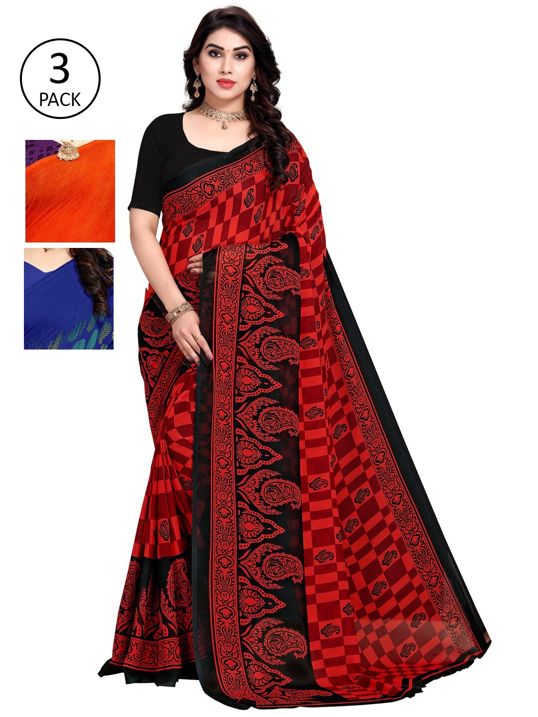 

KALINI Multi Printed Polygeorgette Daily Wear Saree-Pack of 3, Orange