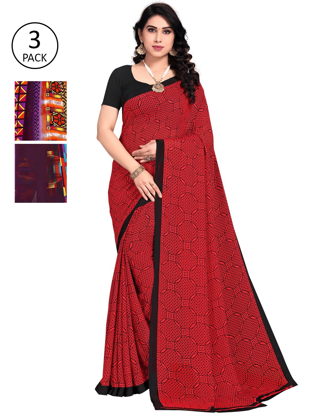 

KALINI Women Multi Colored Set of 3 Printed Poly Georgette Sarees