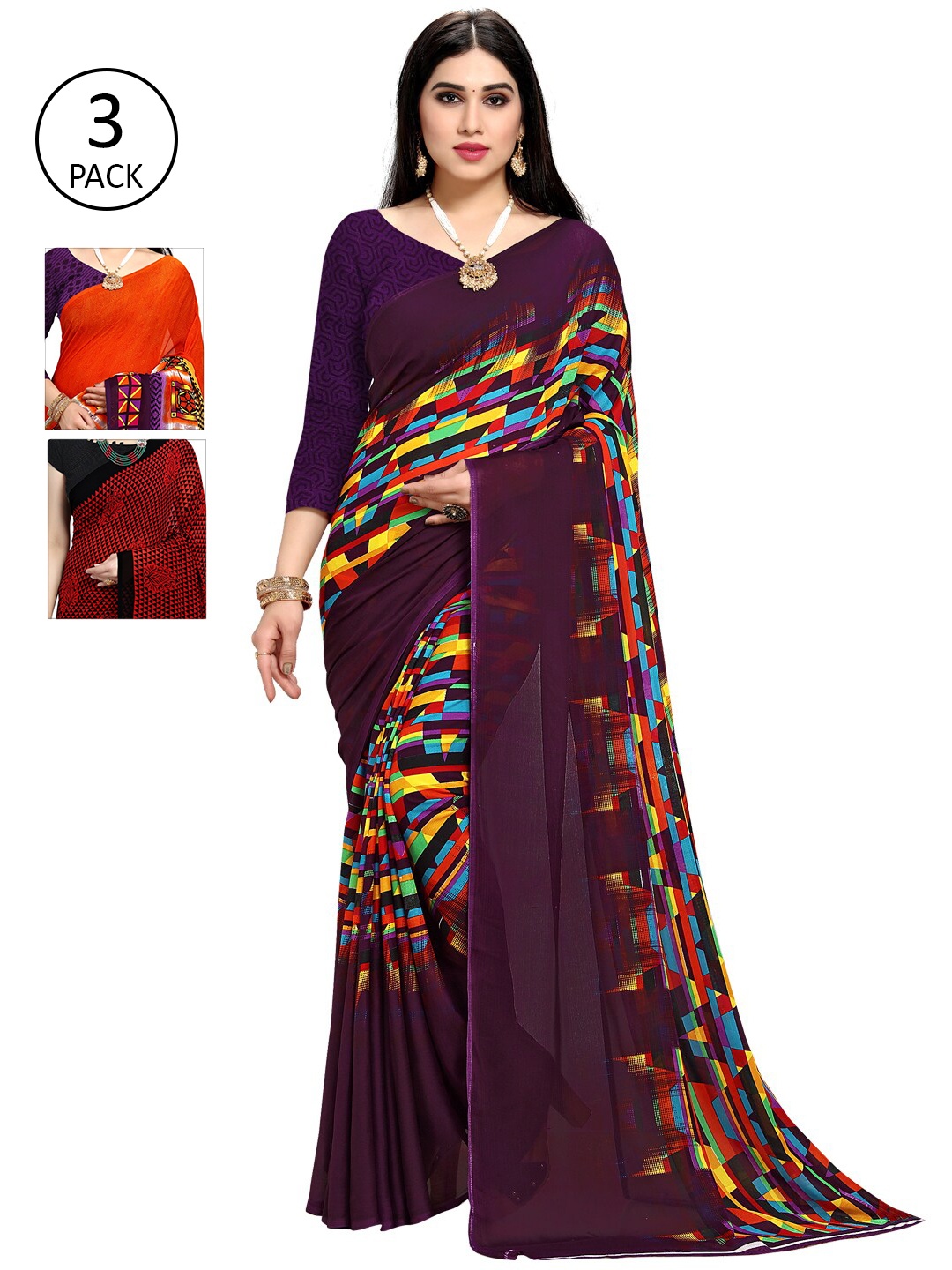 

KALINI Pack Of 3 Printed Saree, Purple