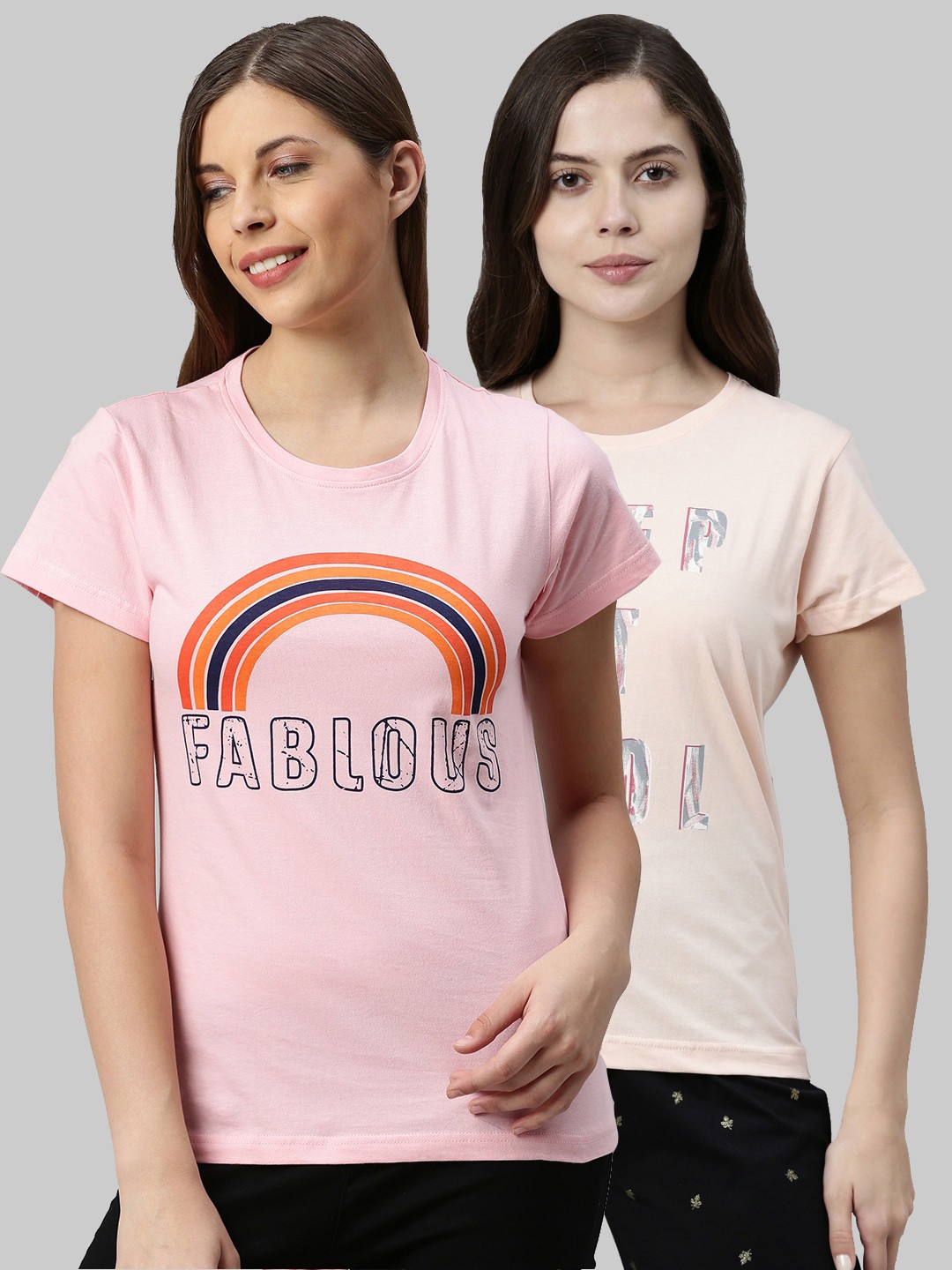 

Kryptic Women Pack Of 2 Typography Printed Pure Cotton Lounge T-Shirts, Pink