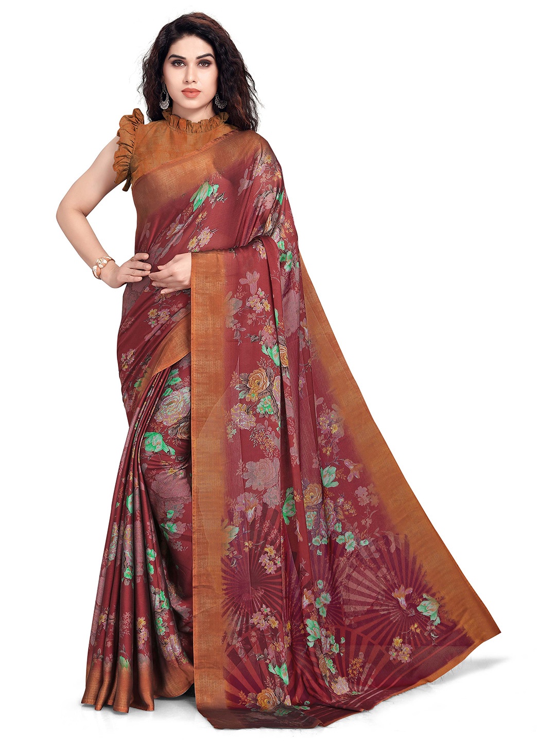 

KALINI Maroon & Orange Floral Bagh Saree