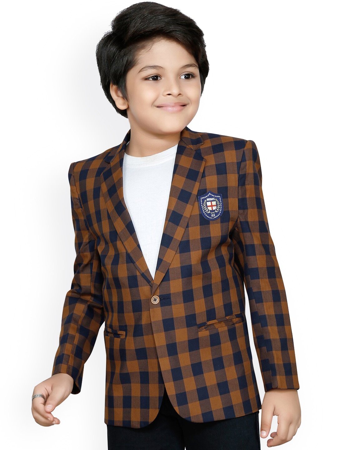 

RIKIDOOS Boys Mustard Yellow & Navy Blue Checked Single-Breasted Comfort-Fit Casual Blazer