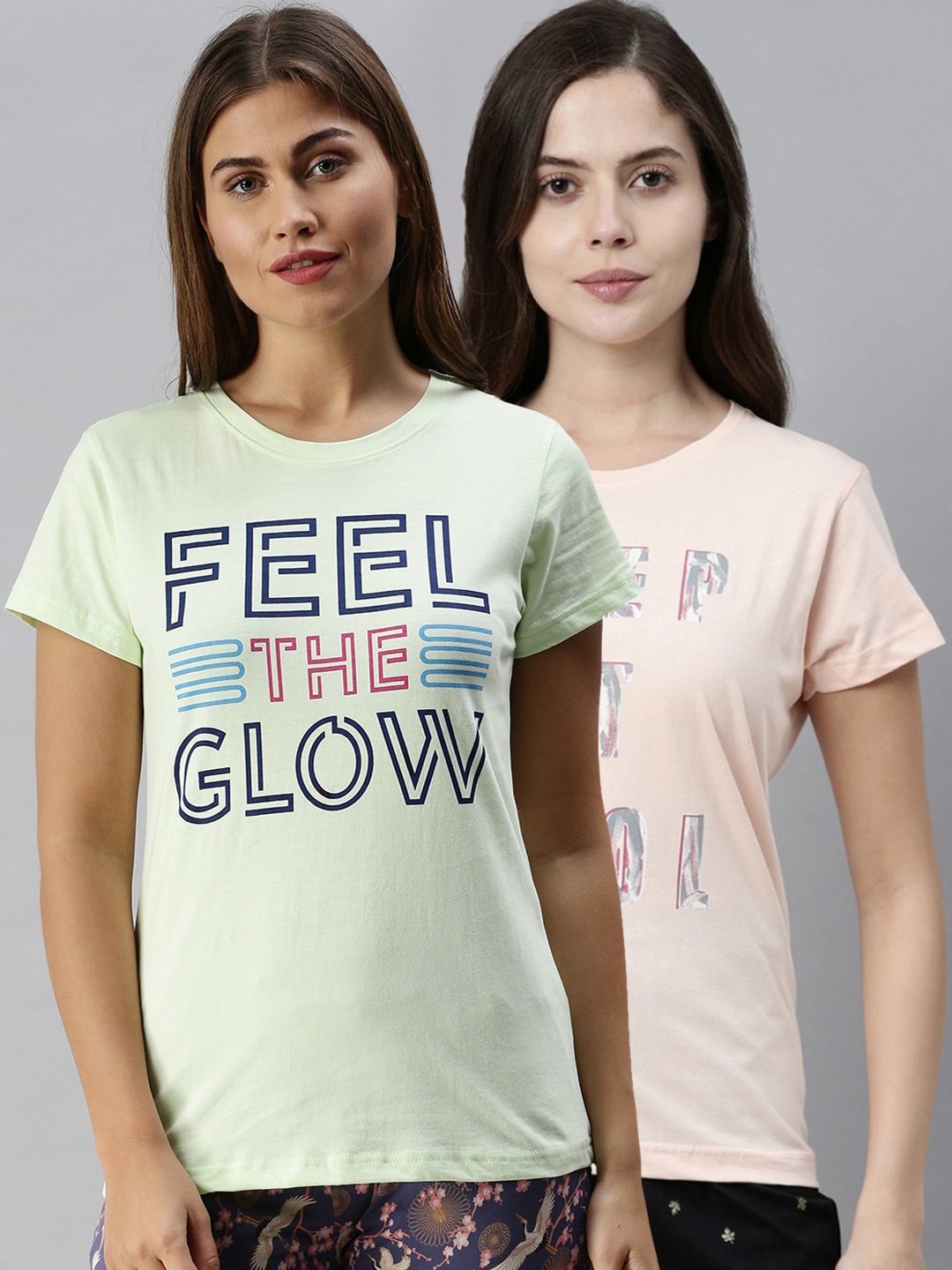

Kryptic Women Pack Of 2 Typography Printed Pure Cotton Lounge T-Shirts, Pink