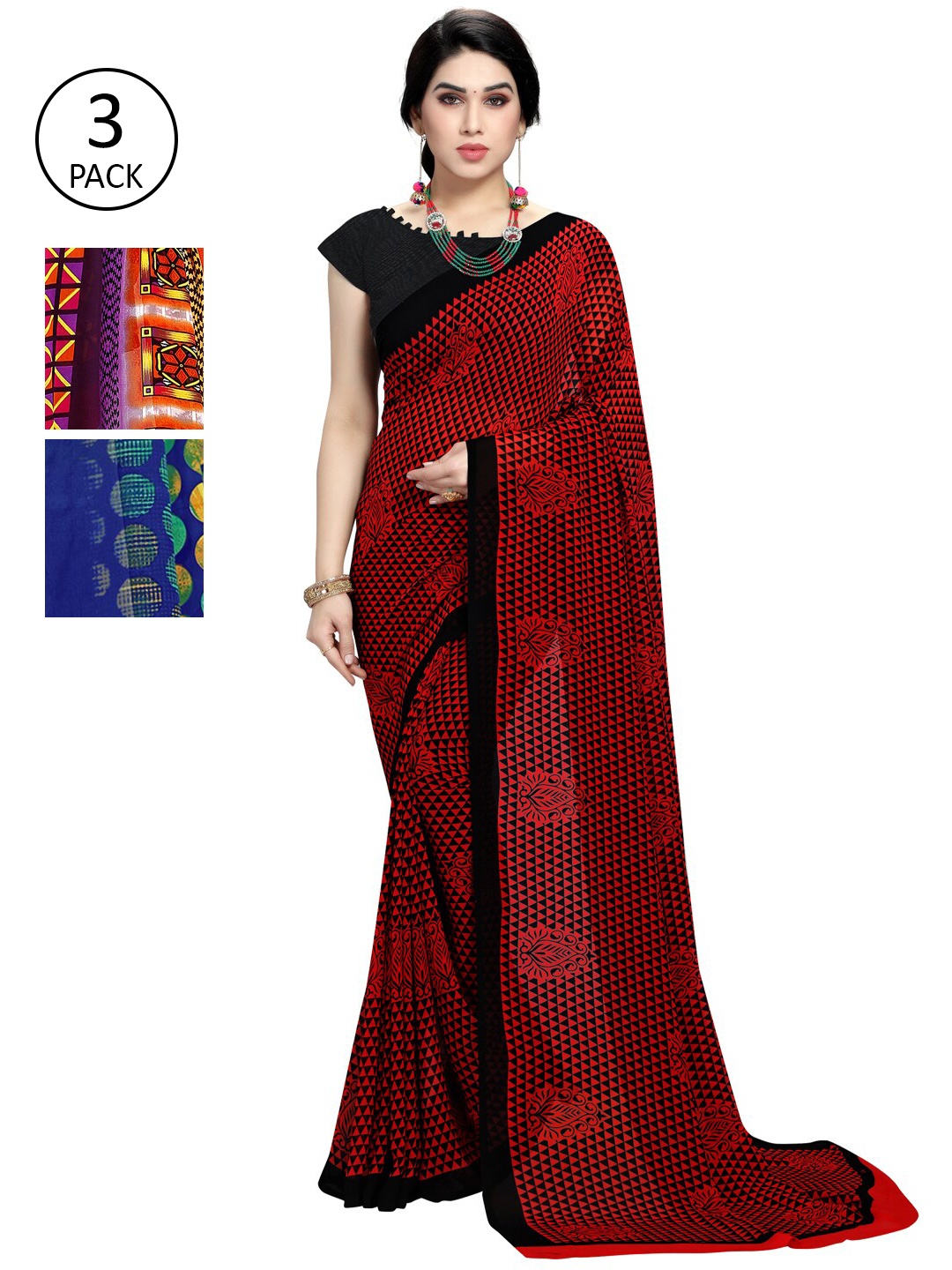 

KALINI Pack Of 3 Multicoloured Printed Sarees, Orange