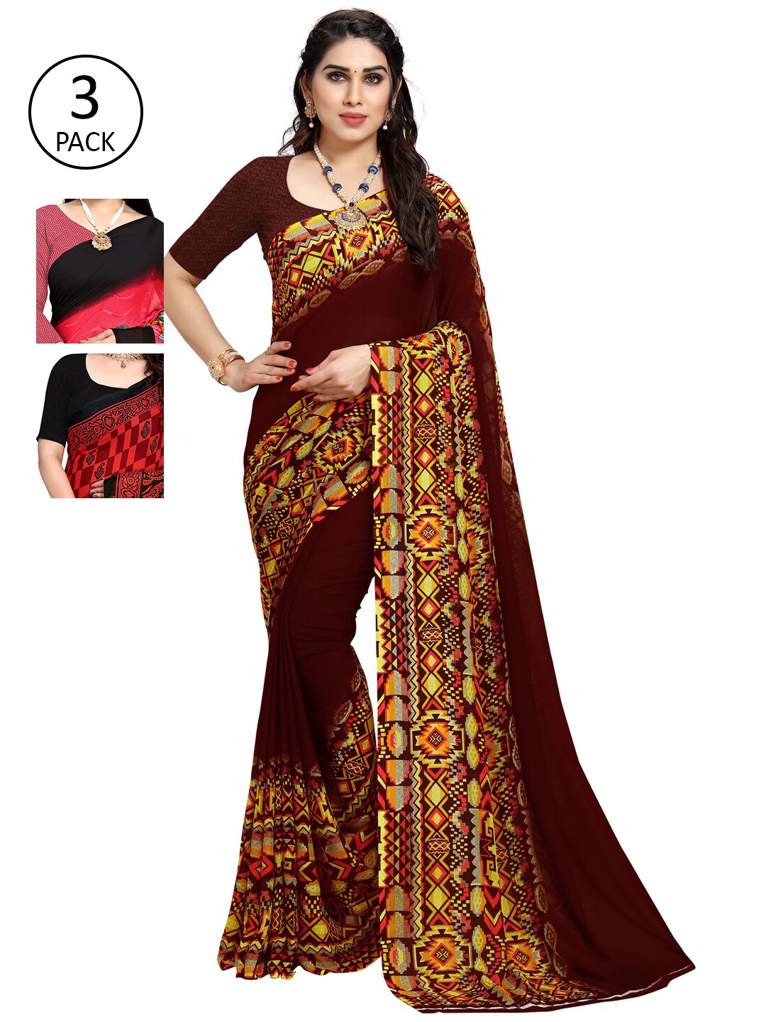 

KALINI Pack Of 3 Multicoloured Printed Sarees, Maroon