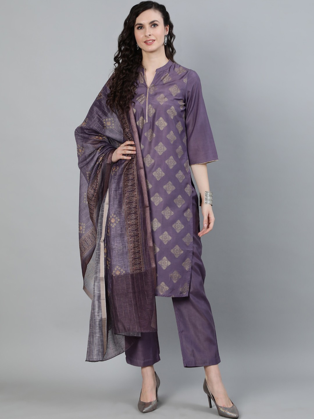 

Jaipur Kurti Women Mauve Printed Regular Kurta with Trousers & With Dupatta