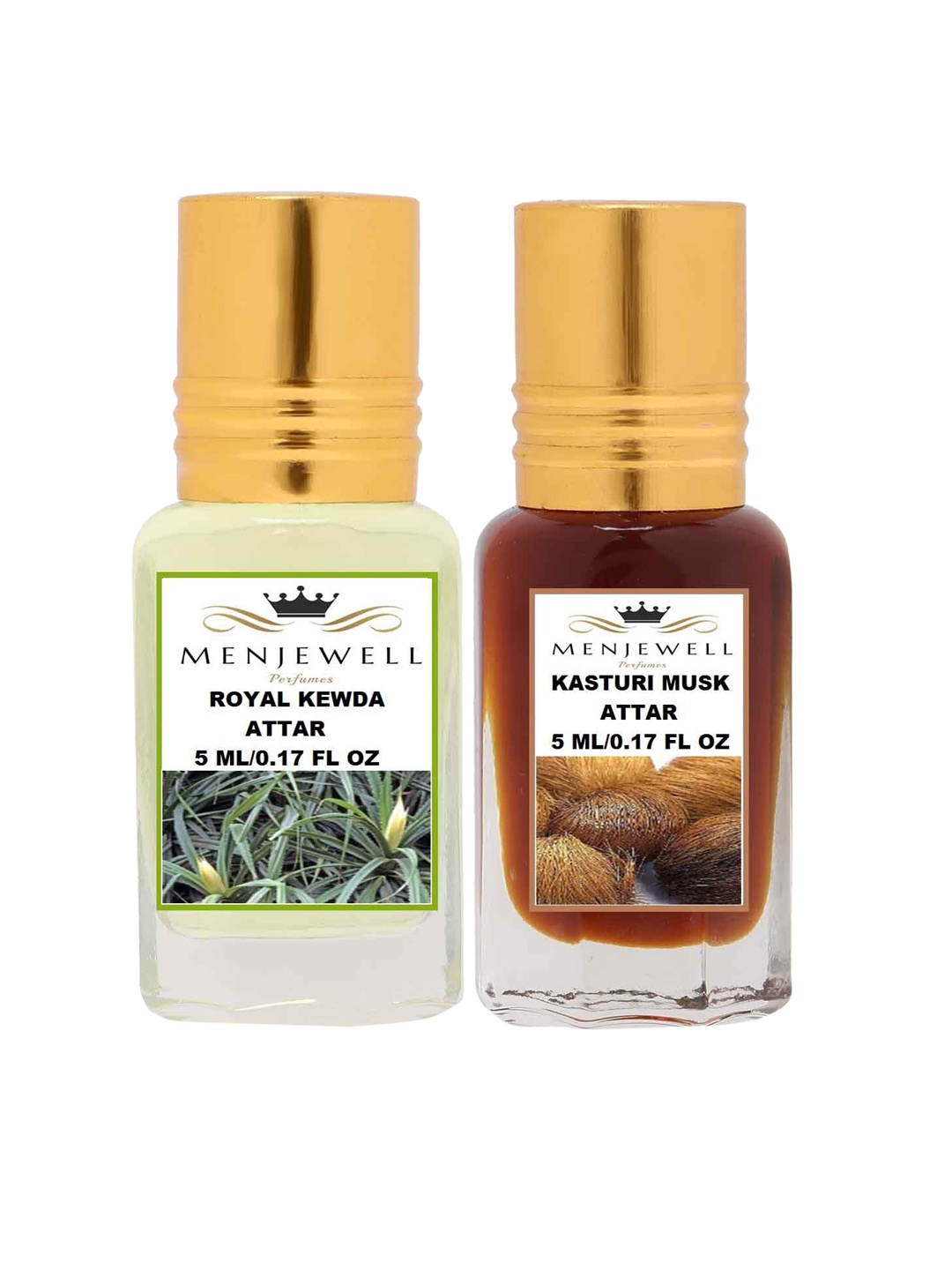 

Menjewell Pack of 2 Attar - Royal Kewda & Kasturi Musk Attar 5ml Each, Yellow