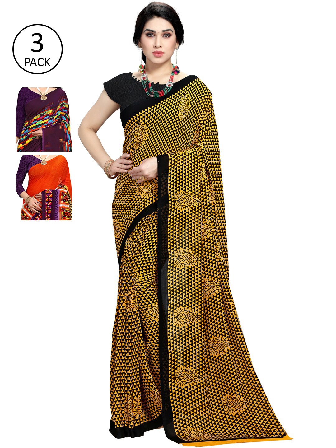 

KALINI Pack Of 3 Printed Saree, Orange