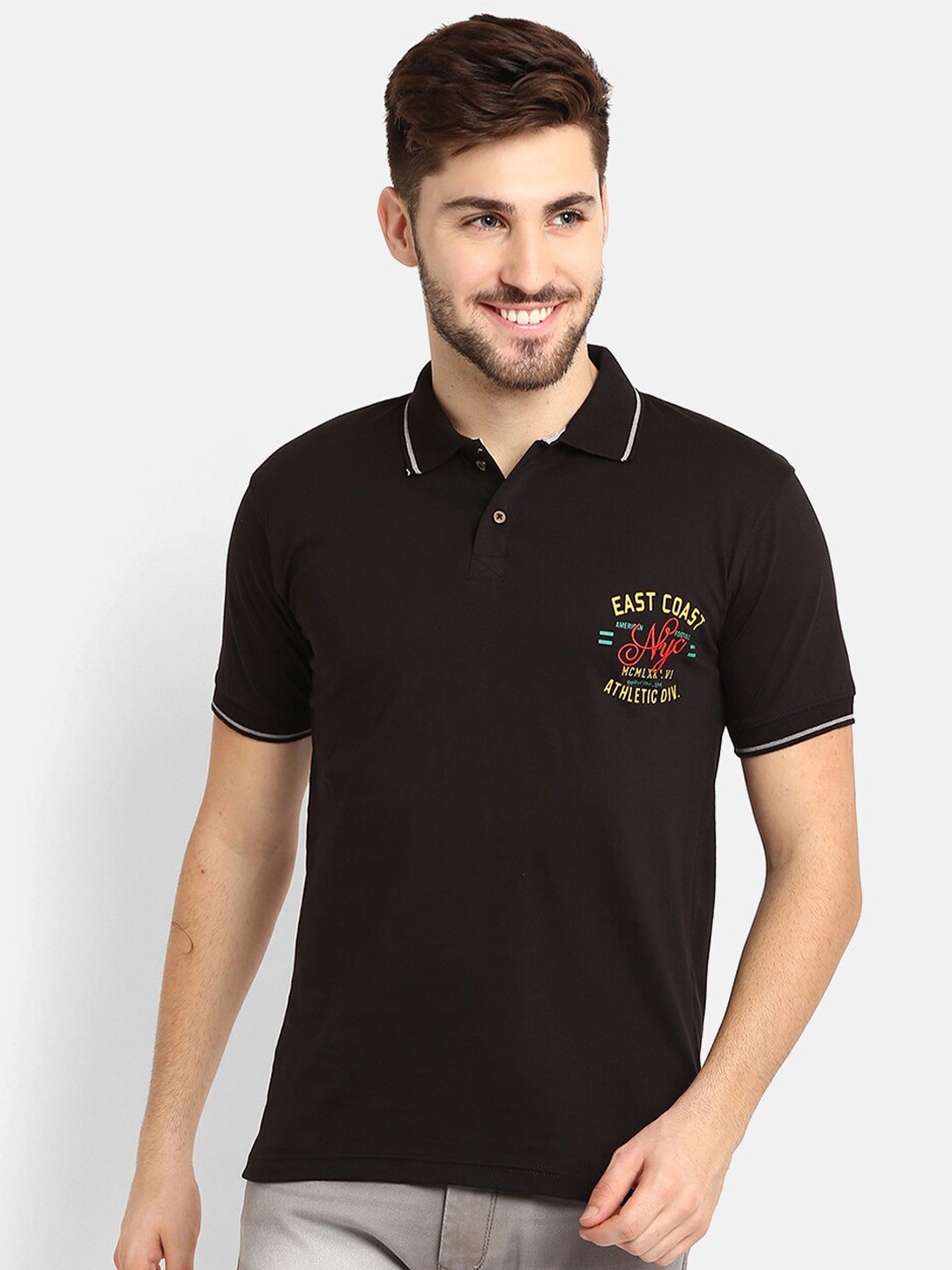 

V2 Value Variety Men Black Polo Collar Pure Cotton T-shirt