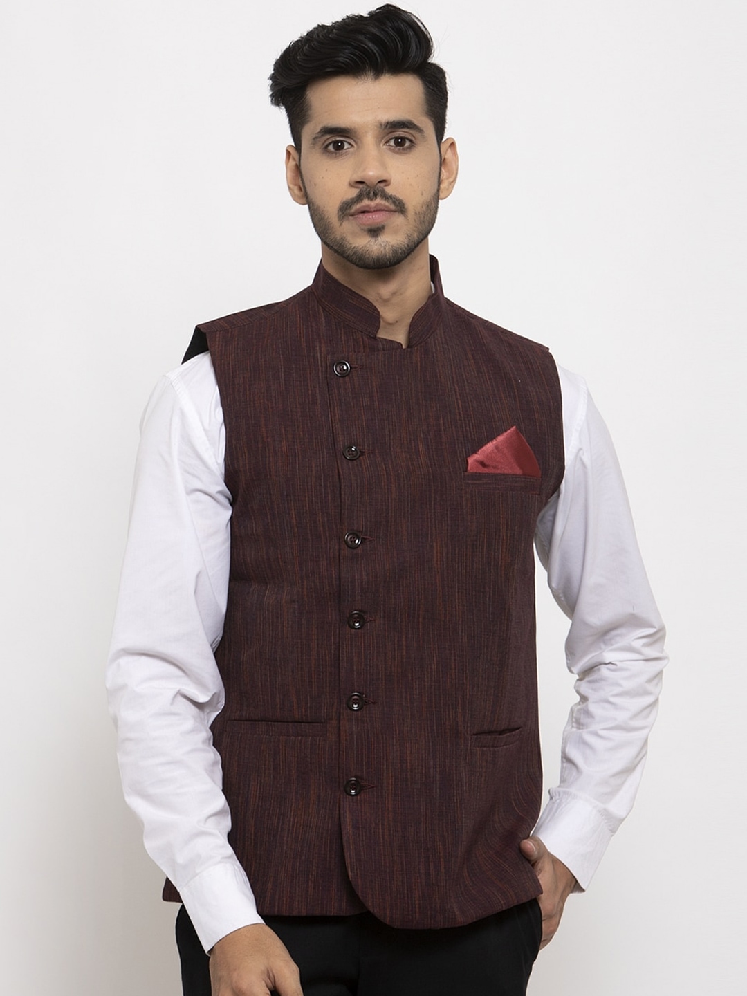 

KLOTTHE Men Burgundy & Brown Woven Design Pure Cotton Nehru Jacket