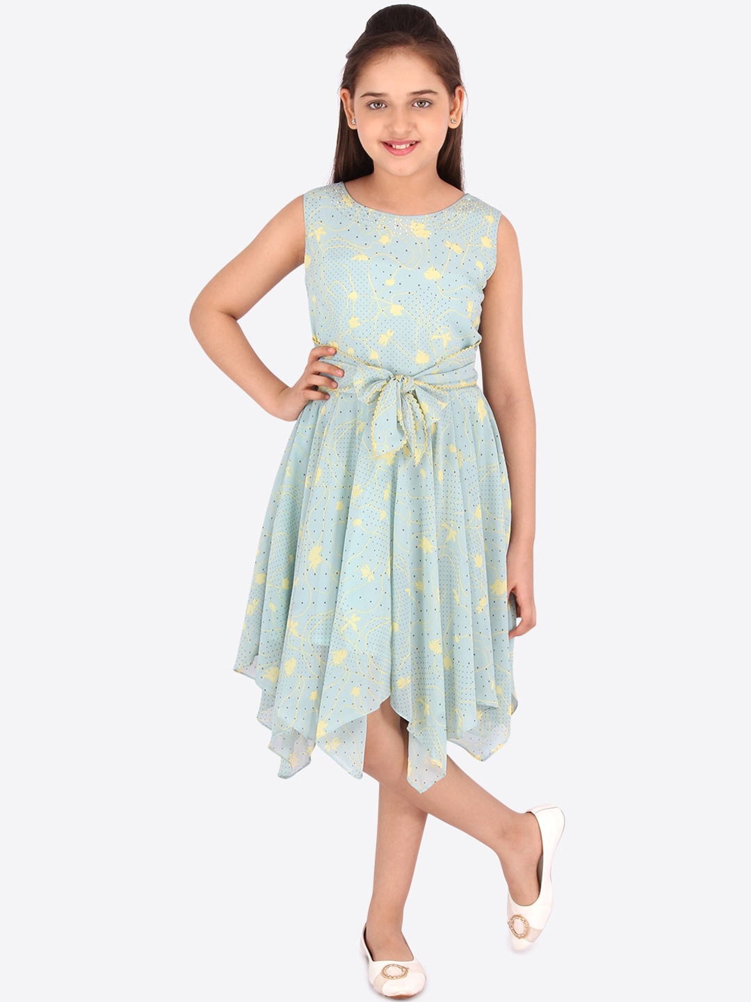 

CUTECUMBER Green Floral Georgette Dress
