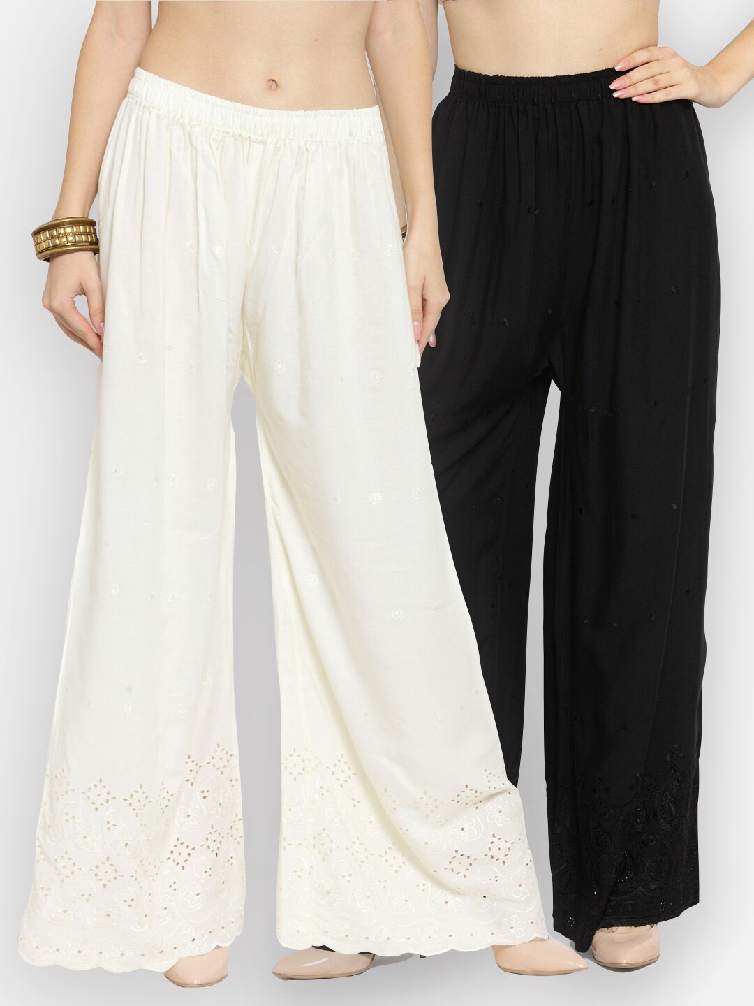 Castle Women Pack Of 2 White & Black Floral Hem Design Flared Ethnic Palazzos