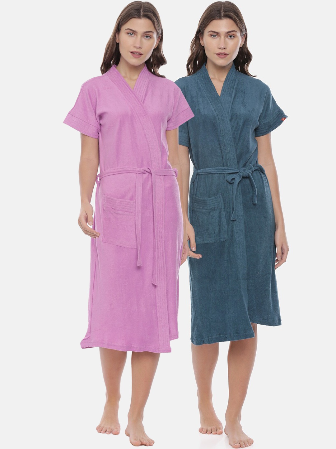 

GOLDSTROMS Women Pack Of 2 Lavender & Teal Blue Solid Cotton Bath Robe