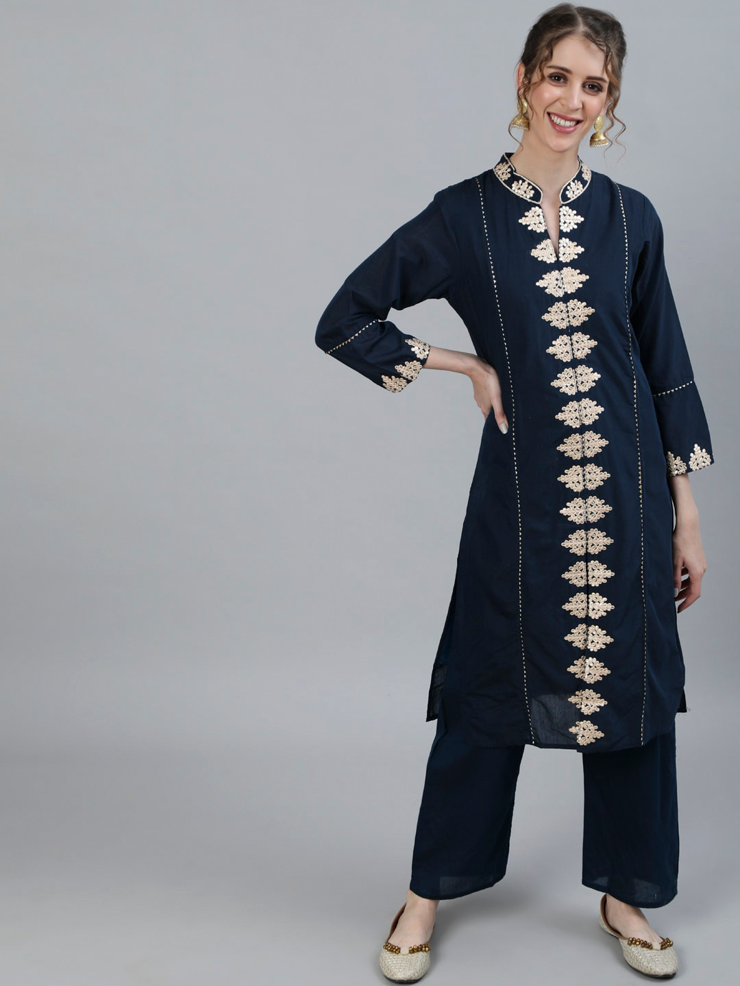 

Ishin Women Navy Blue Yoke Design Panelled Chanderi Cotton Kurta with Trousers
