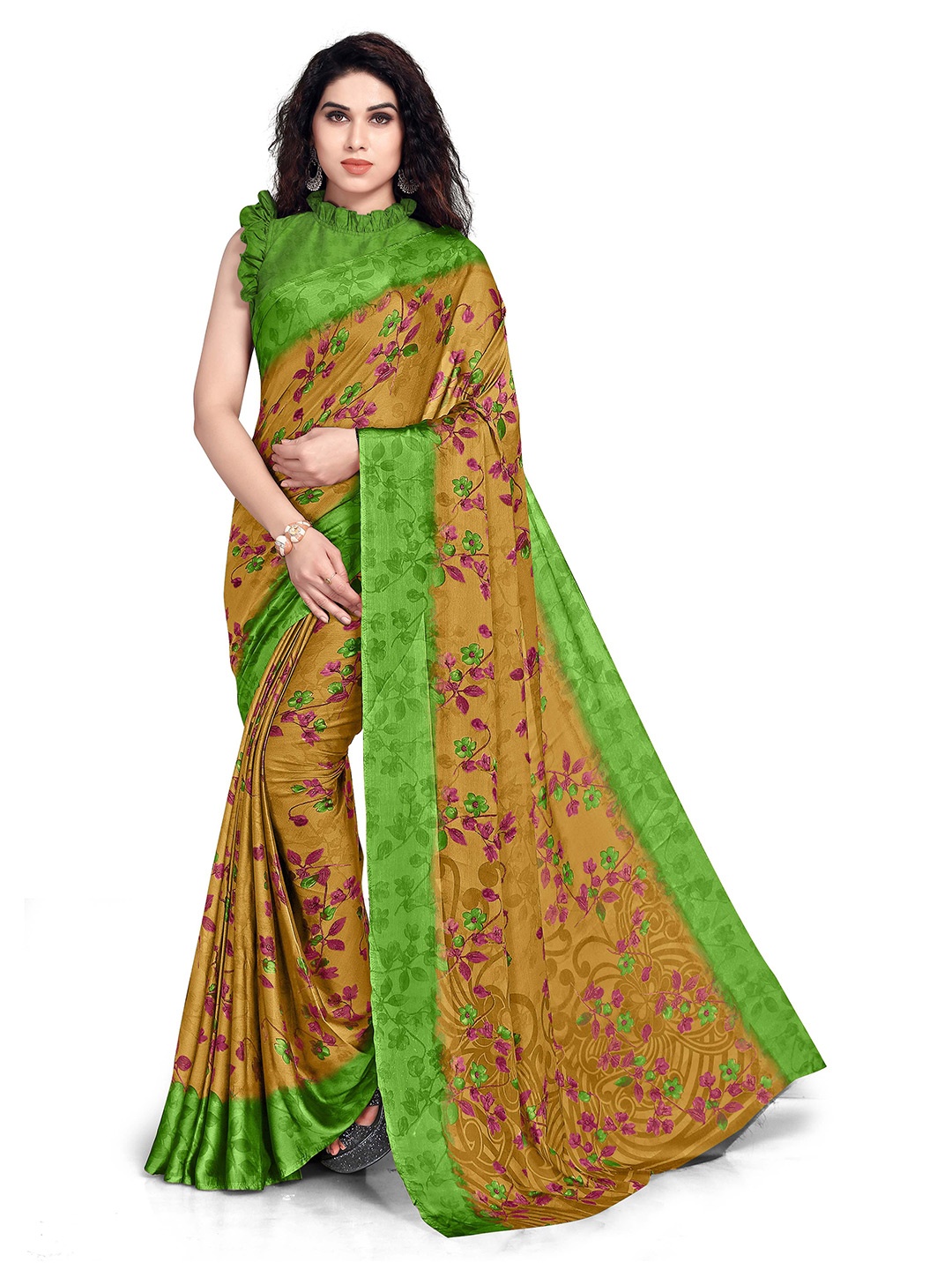 

KALINI Mustard & Green Chiffon Floral Printed Saree