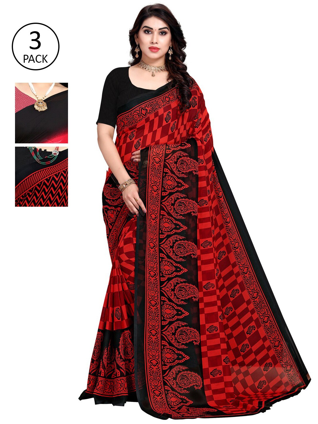 

KALINI Set of 3 Red & Black Printed Sarees
