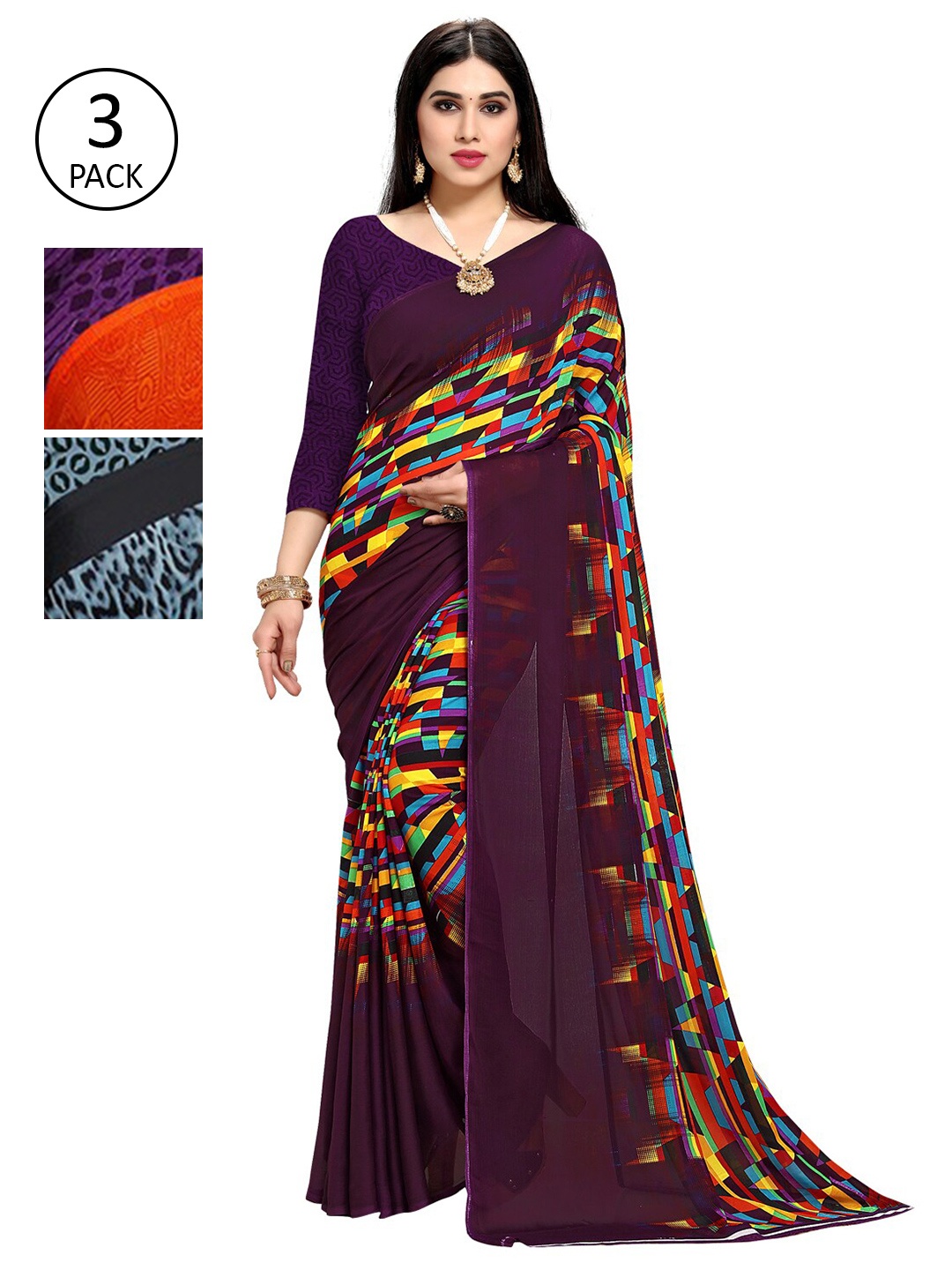 

KALINI Pack Of 3 Multicoloured Printed Sarees, Purple