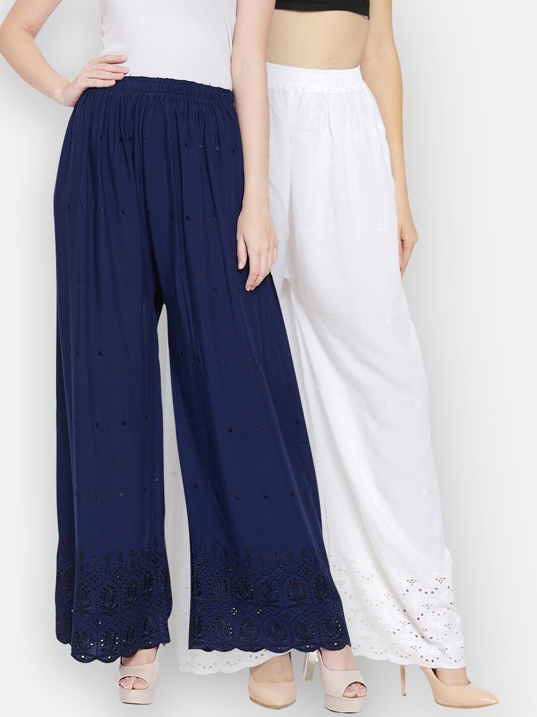 

Castle Women Pack of 2 White & Navy Blue Floral Hem Design Flared Palazzo