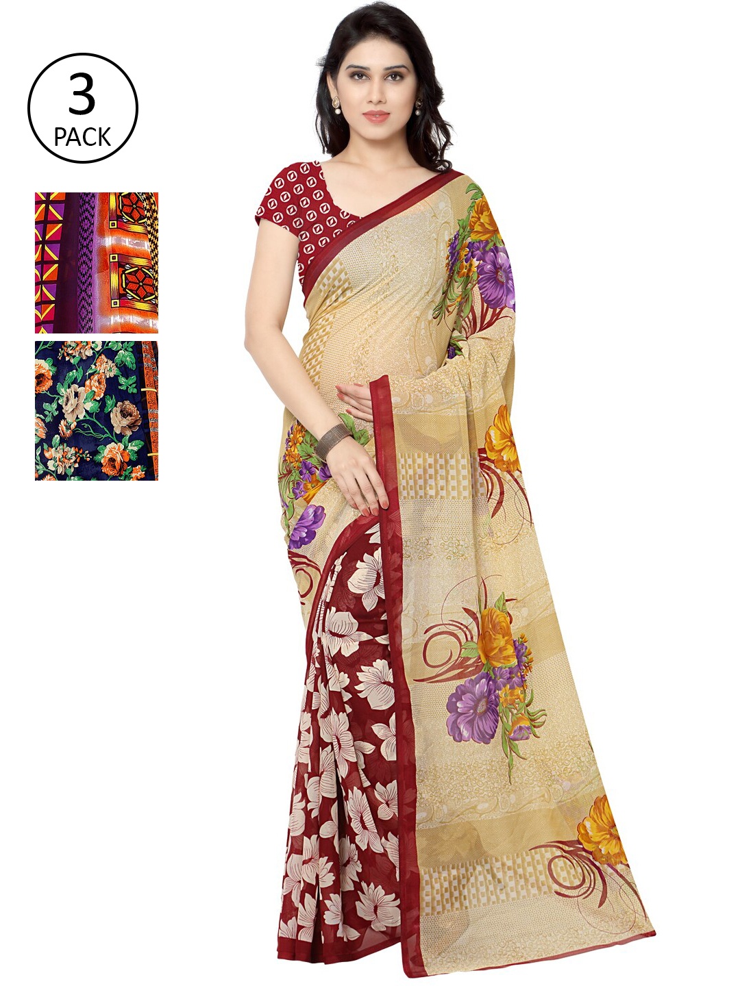 

KALINI Pack Of 3 Multicoloured Printed Sarees, Orange