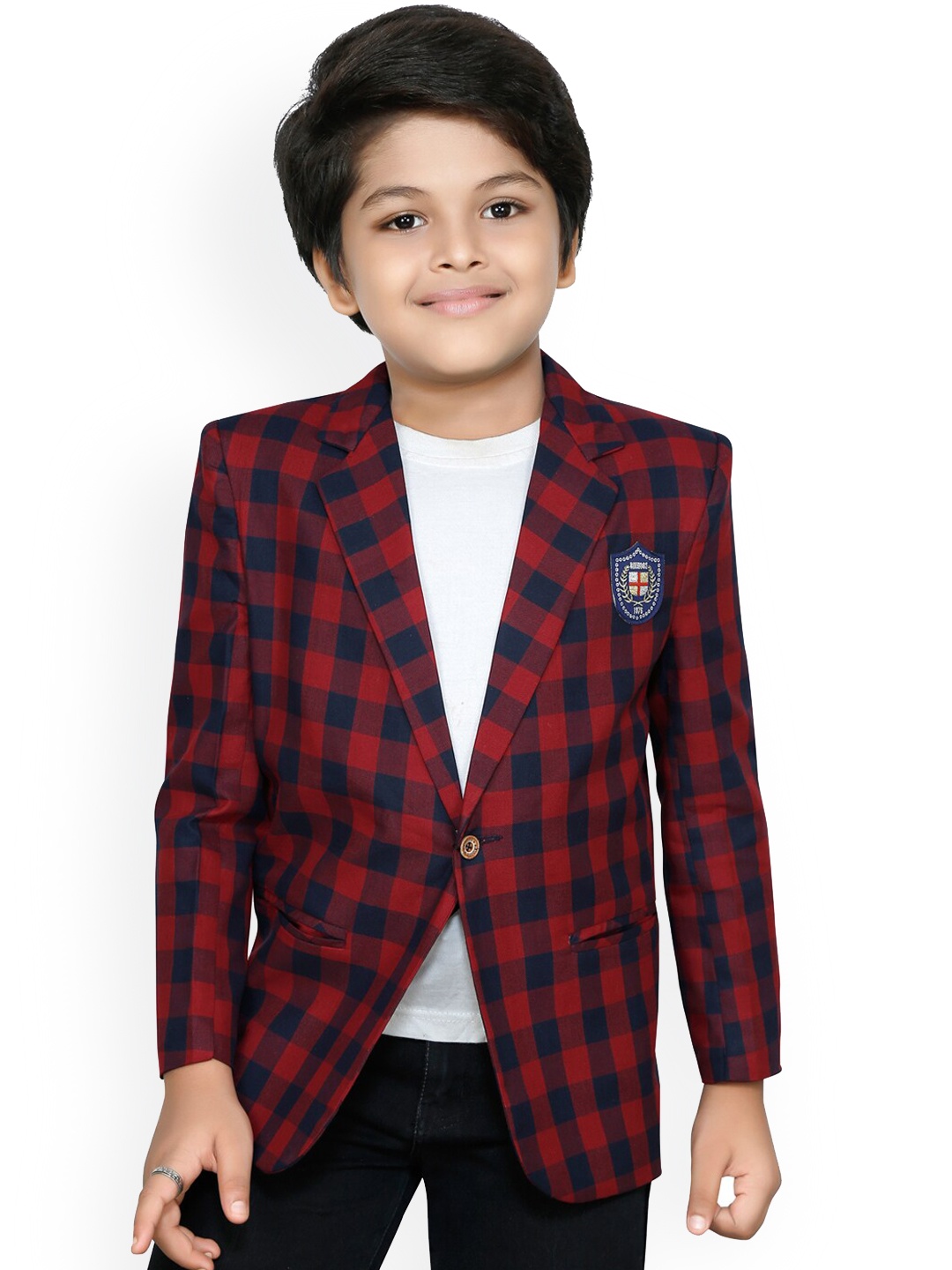 

RIKIDOOS Boys Red & Navy Blue Checked Comfort-Fit Single-Breasted Blazer